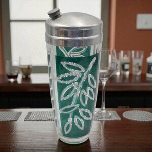 Mid Century Bar Shaker Leaf Design Green White Drinkware Barware